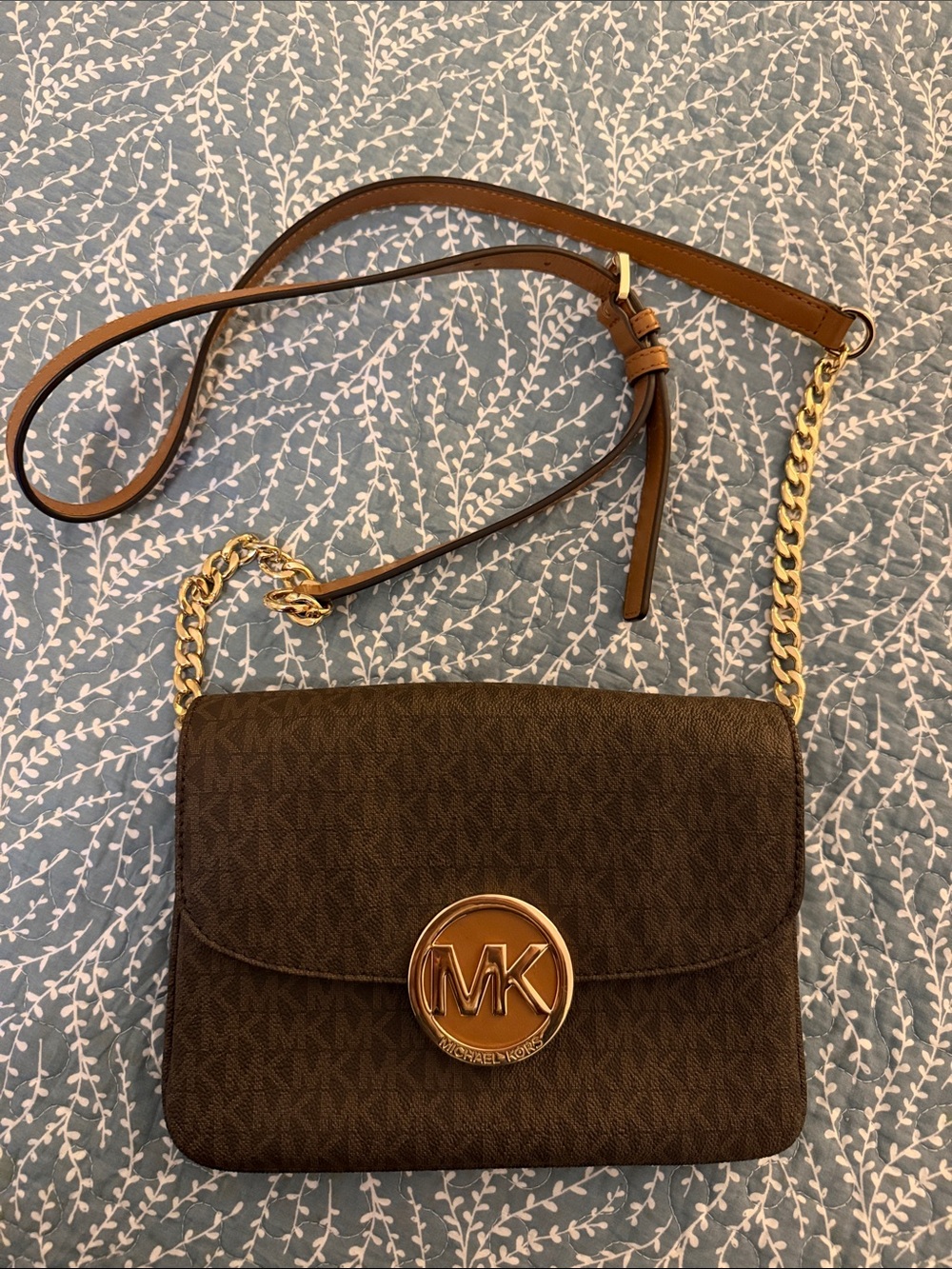 Michael Kors Brown Fulton Logo-Print Crossbody with Gold Hardware